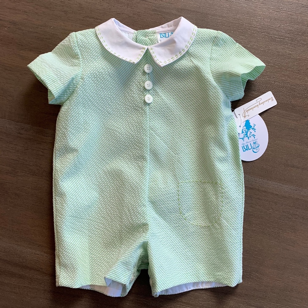 New Luli & Me Green Seersucker Striped Boys Romper